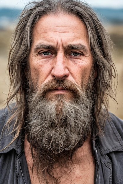 Soulful Struggles Portraying the Resilience of a Mature Longhaired Bearded and Emaciated Man