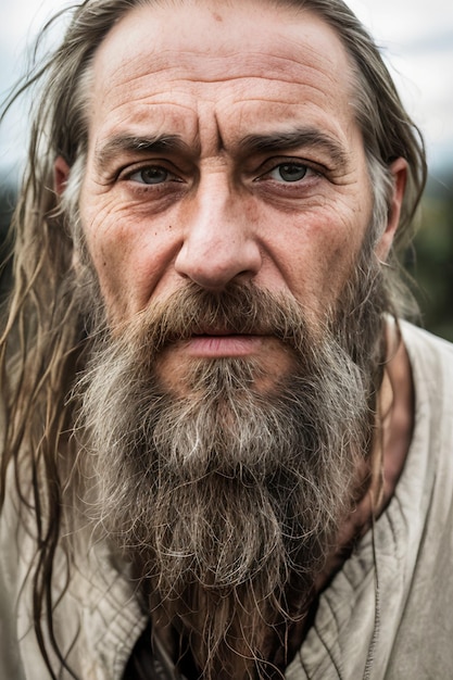 Soulful Struggles Portraying the Resilience of a Mature Longhaired Bearded and Emaciated Man