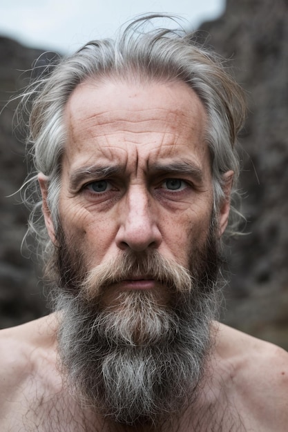 Soulful Struggles Portraying the Resilience of a Mature Longhaired Bearded and Emaciated Man