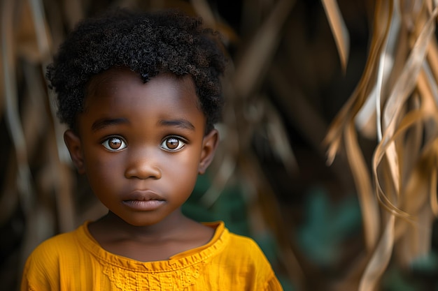 Soulful young black boy in yellow shirt with natural backdrop