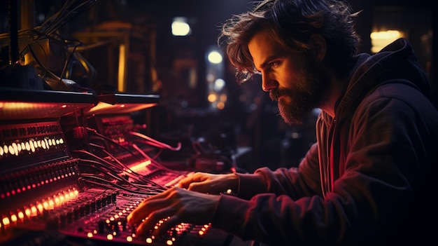 Sound engineer adjusting audio equipment in illuminated recording studio