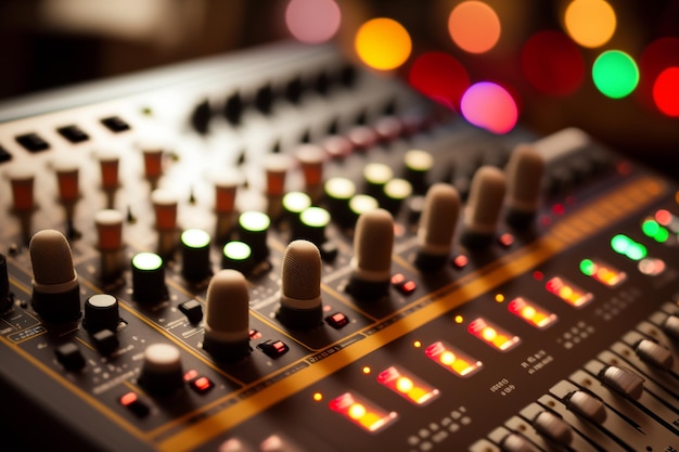 Sound mixer closeup with glowing lights at club party generative ai