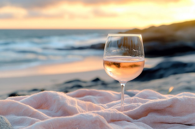 Photo the sound of rose wine being sipped at sunset from a beachside table evokes tranquillity and relaxation