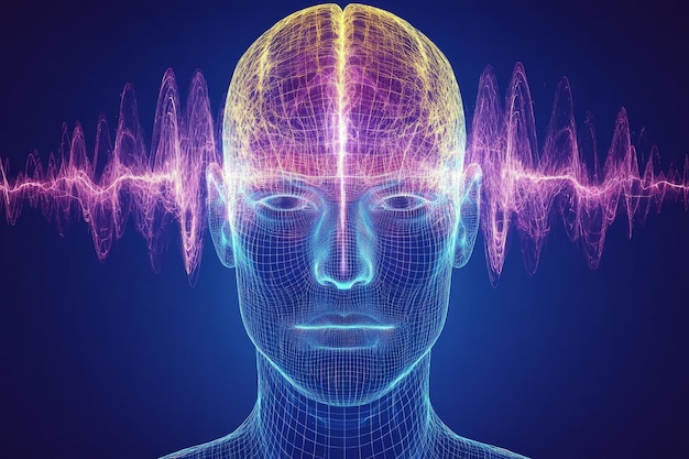 Sound visualization neural focus and memory visualization human head emitting purple and blue sound