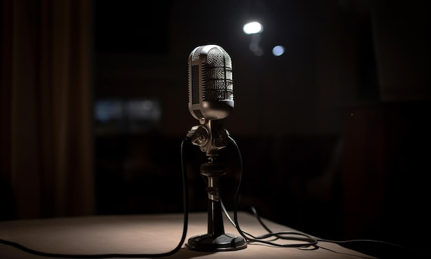 Sound and voice recording studio with nobody for podcast vintage style microphone and tools for