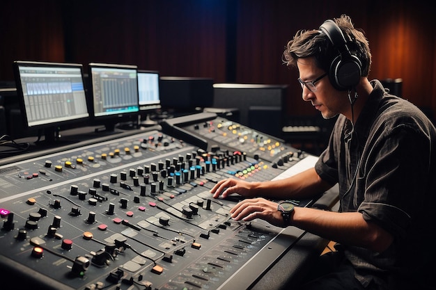 Photo soundman working on the mixing console