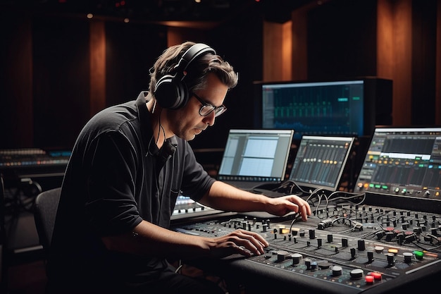 Photo soundman working on the mixing console