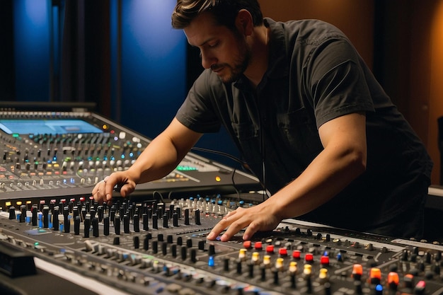 Photo soundman working on the mixing console