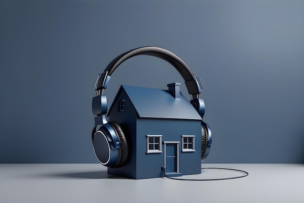 soundproofing home concept dark blue house with headphones on minimalistic blue background