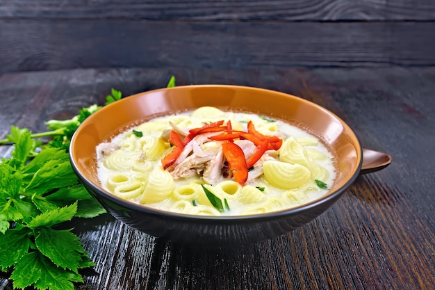 Soup from chicken meat, pasta with cream and sweet pepper