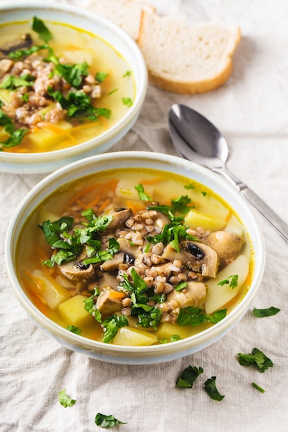 Soup of mushrooms, buckwheat, potatoes and carrots with herbs in bowls with slice of white bread on the side, light background, vertical format.Top view