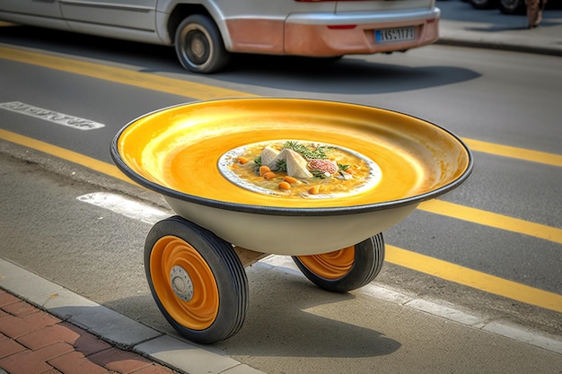 Soup plate with wheels on the street in the city abstract food delivery concept generative ai