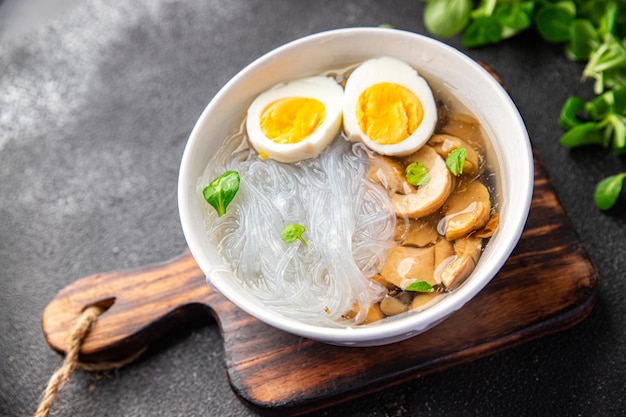 soup rice noodles funchose, egg, mushrooms Pho Bo delicious snack healthy meal food snack