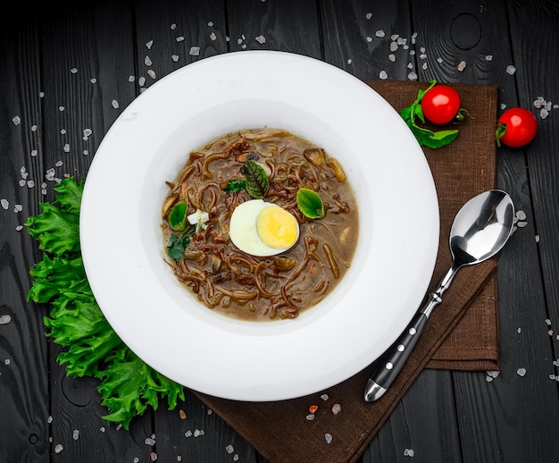 Soup with buckwheat noodles with beef soba noodle