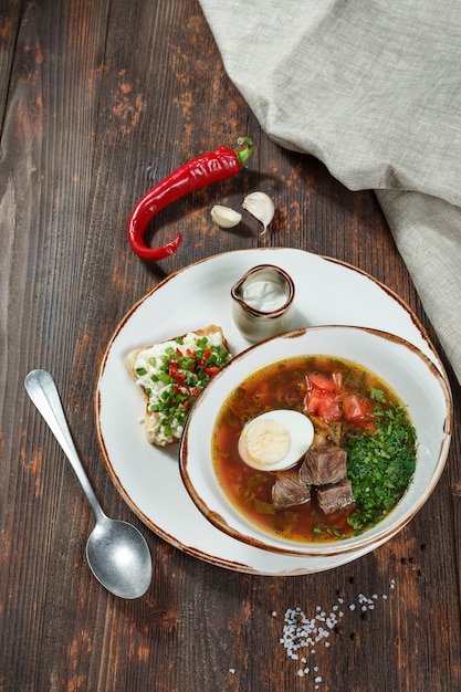 Soup with meat and boiled egg