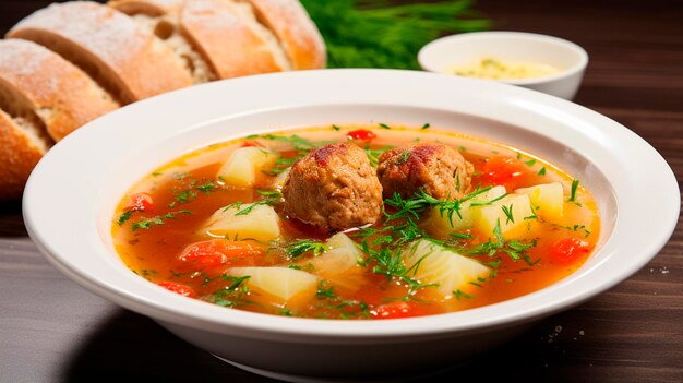 Soup with meatballs in a plate Selective focus