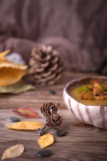 Soup with pumpkin and chanterelle mushrooms forest theme