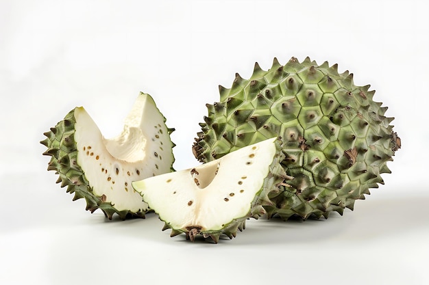 Soursop Fruit Whole and Sliced Isolated on White Background