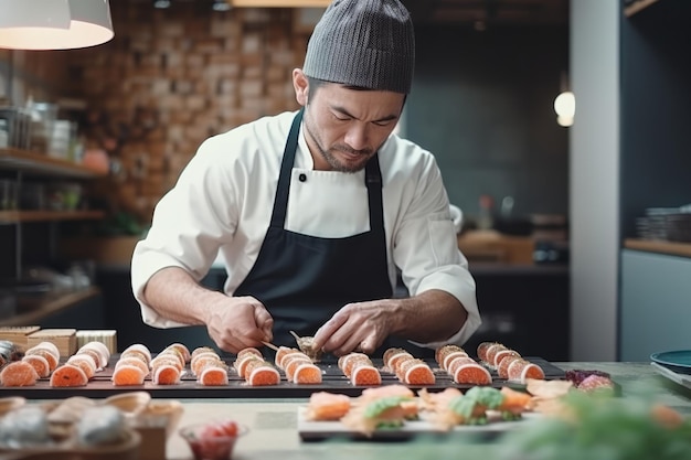 The sous chef prepares a sushi set in the kitchen generative ai