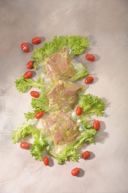 Sous Vide cooking concept Vacuum packed ingredients arranged on light background