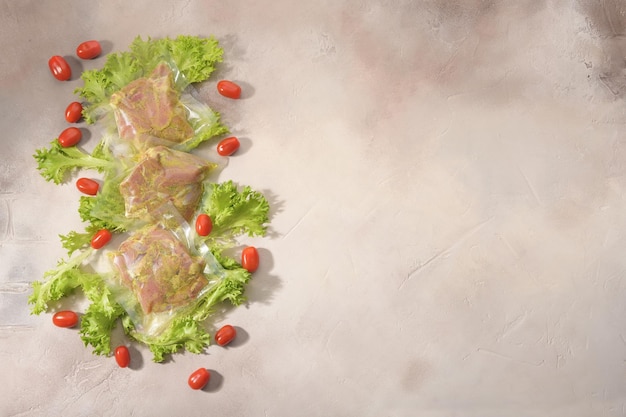 Sous Vide cooking concept Vacuum packed ingredients arranged on light background