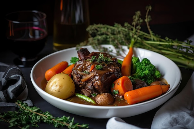 Sousvide cooked oxtail stew with veggies and herbs created with generative ai