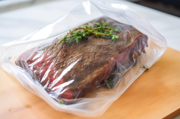 Sousvide flank steak cooked to succulent perfection in vacuum bag created with generative ai