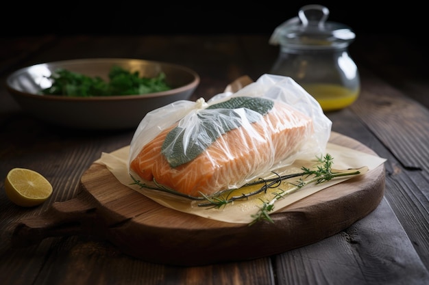 Sousvide salmon fillet wrapped in cheesecloth and slowcooked in warm bath created with generative ai