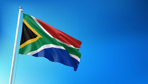 South Africa Flag Flying on Blue Sky Background 3D Render