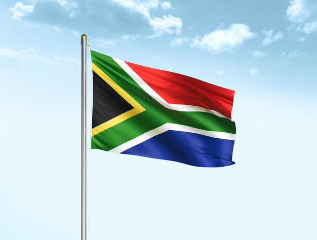 South Africa national flag waving in blue sky with clouds South Africa flag 3D illustration