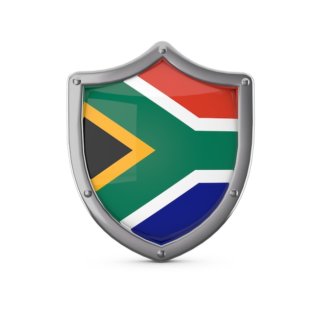 South africa security concept metal shield shape with national flag