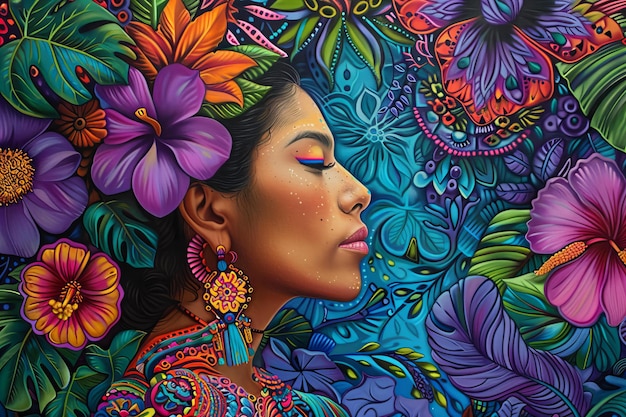 A South American womans profile seamlessly blending into a mandala against a canvas of large exotic