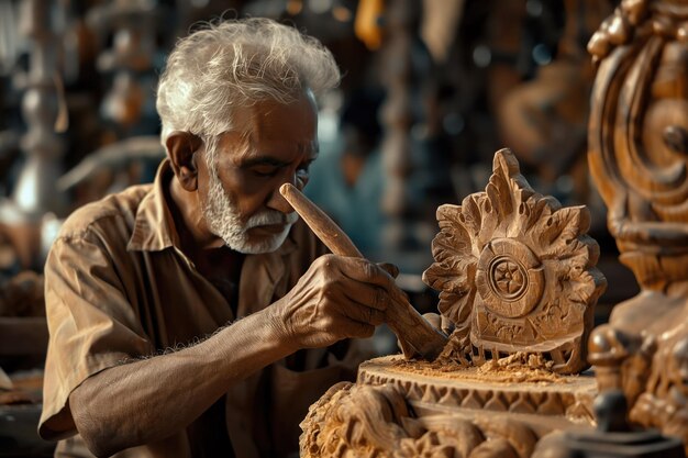 Photo south asian man crafts intricate wooden sculpture in workshop wears brown shirt uses chisel to