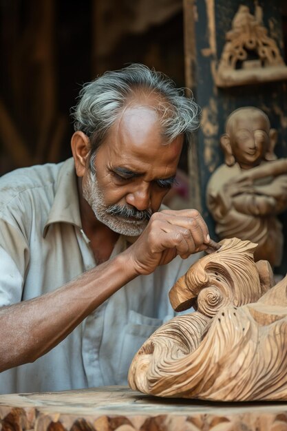 Photo south asian man crafts wooden bird sculpture with precision he wears white shirt focused on work