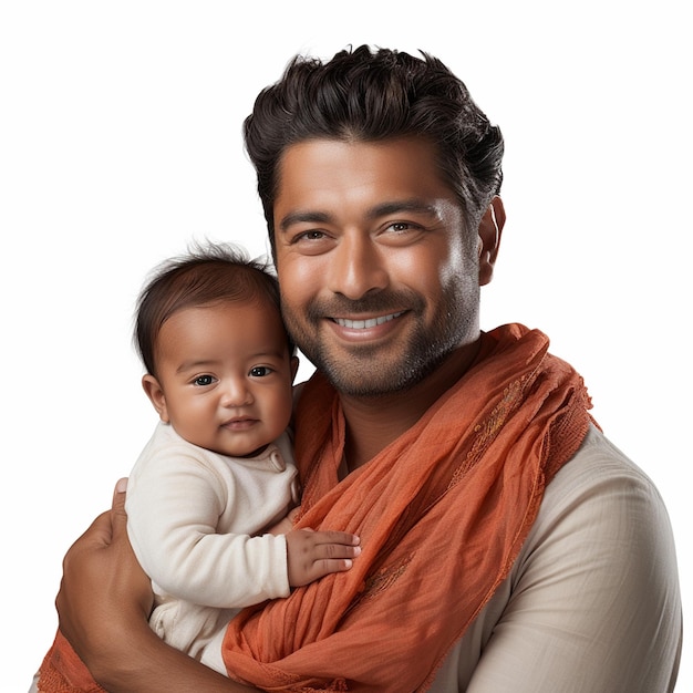 A south asian man holding his new baby and smiling Transparent background