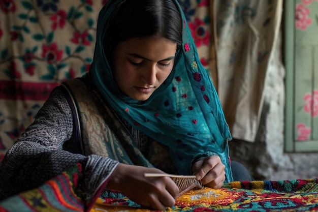 South Asian woman embroiders intricate designs on colorful tapestry She sits at table with brush