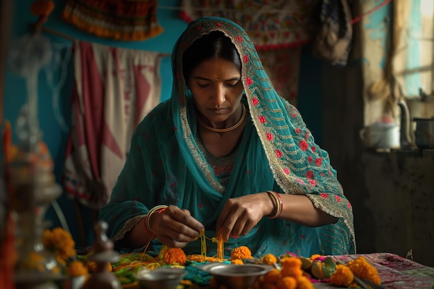 South Asian woman practices traditional embroidery on vibrant turquoise sari She threads needle