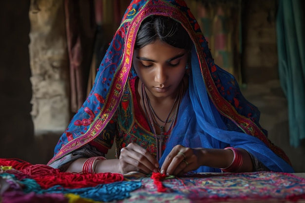 South Asian woman sits at table with colorful fabrics She wears traditional Indian sari while