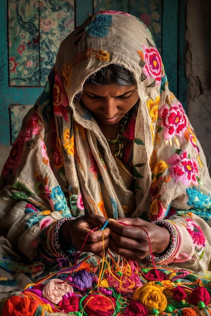 South Asian woman sits at table with colorful threads and yarns Wears vibrant headscarf and holds