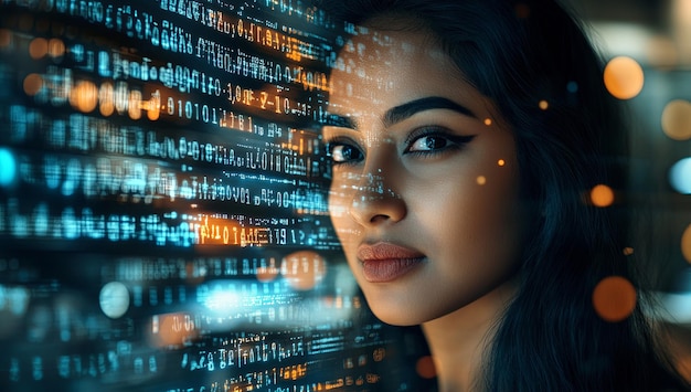 A South Asian woman39s face with an AIthemed background of binary code and digital data streams