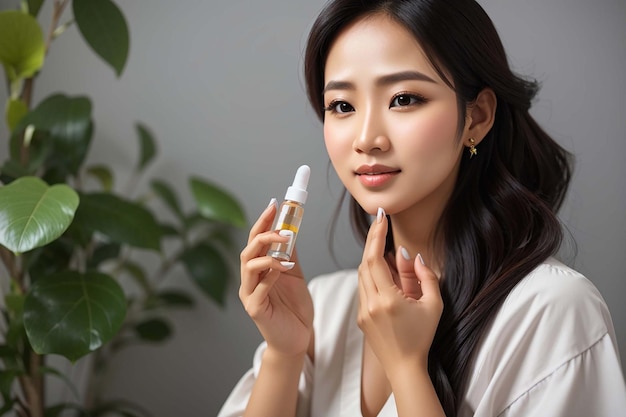 South East Asian woman applying facial serum drops cosmetics female person