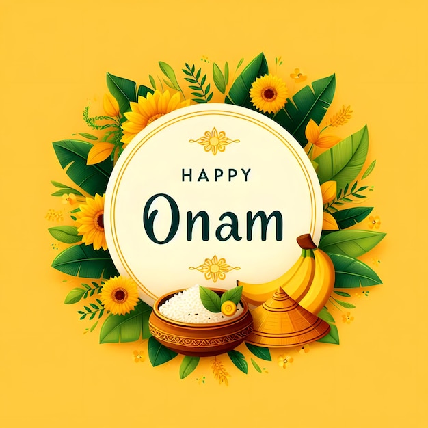 Photo south india harvest festival illustration of happy onam with leaf and fruit on beautiful background