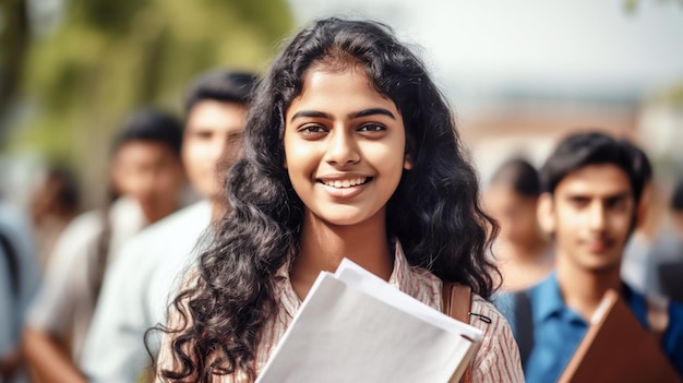 A South Indian college girl student in white top is standing in a campus holding sheets of papers