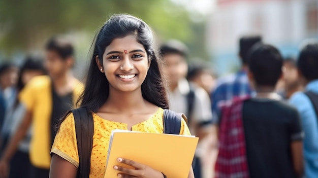 A South Indian college girl student in yellow is standing in a college campus