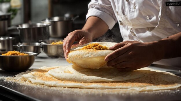 South indian food dosa preparation by capturing the chefs hands