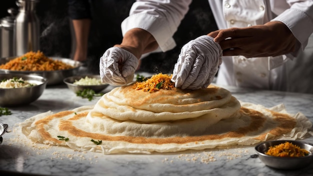 South indian food dosa preparation by capturing the chefs hands