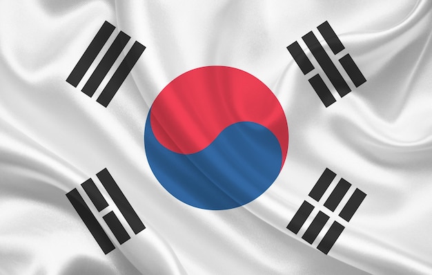 South Korea country flag on wavy silk fabric background panorama - illustration