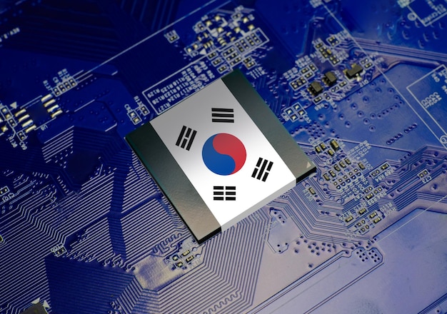 South Korea flag on CPU operating chipset computer electronic circuit board