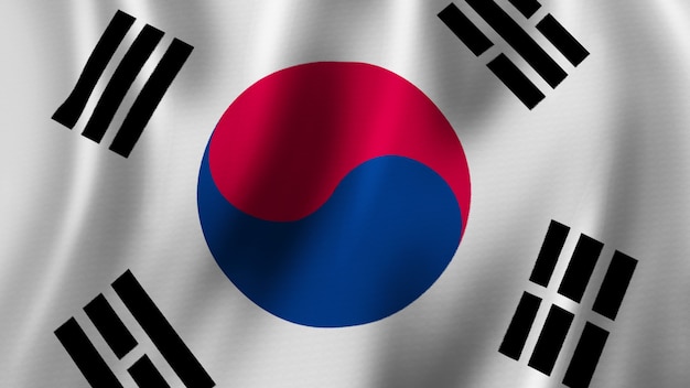 South Korea Flag Waving Closeup 3D Rendering With High Quality Image with Fabric Texture