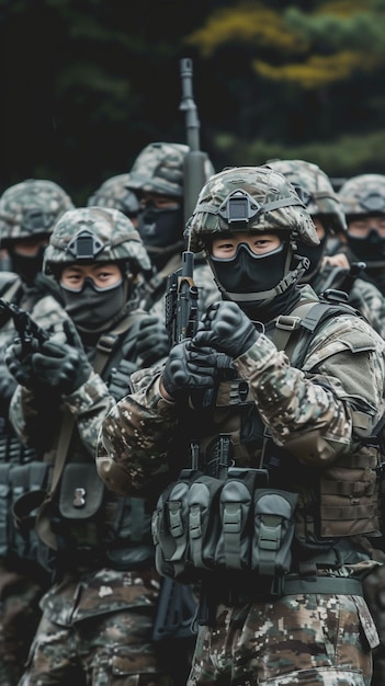 South Korean Soldiers Training With Rifles in Camouflage Uniforms